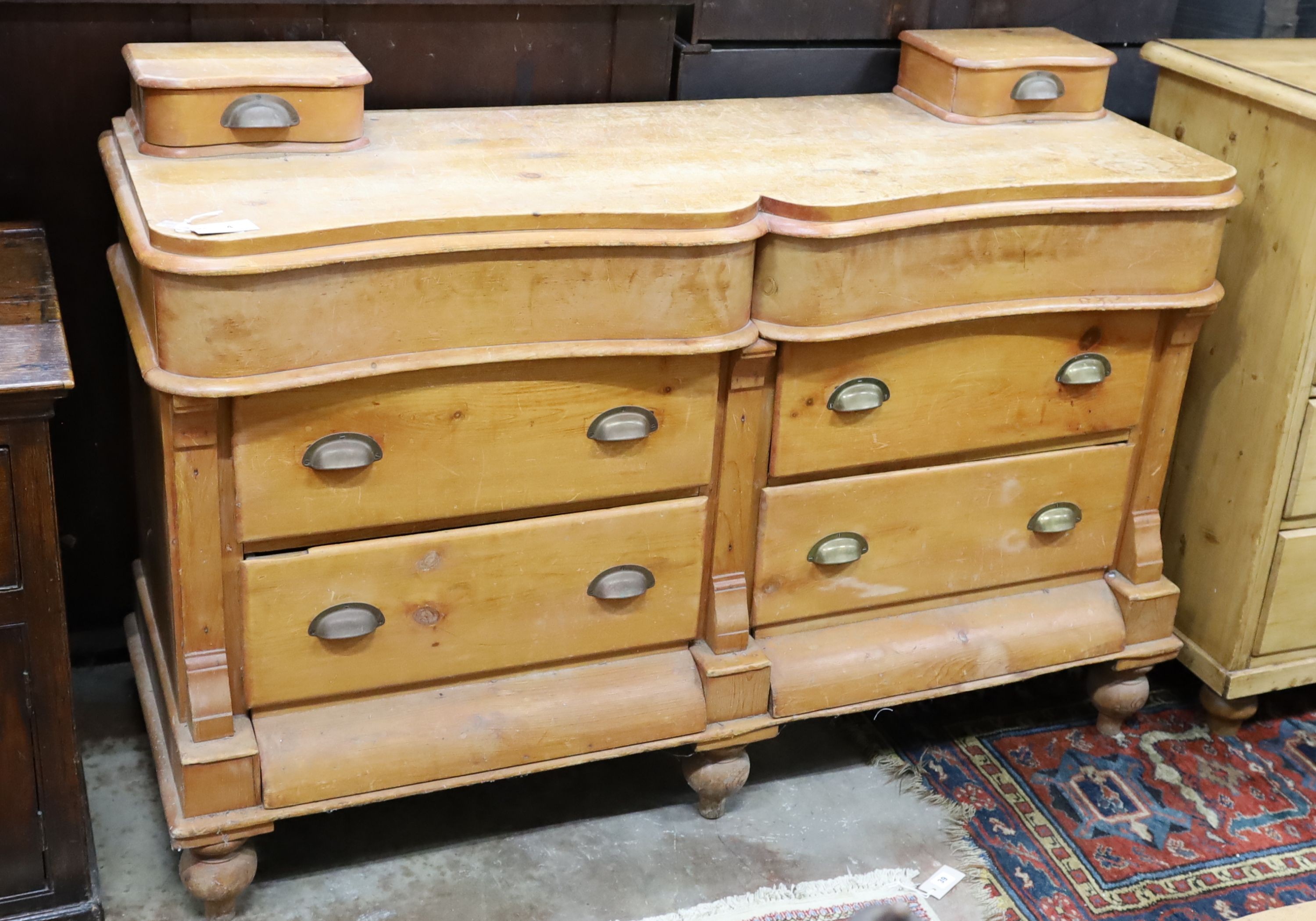 A Victorian pine shaped front low dresser, length 150cm, depth 51cm, height 102cm